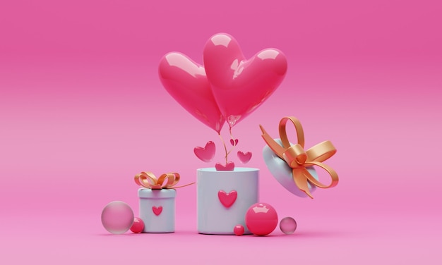 Photo festive background for valentine's day elegant gift boxes heart shaped balloons