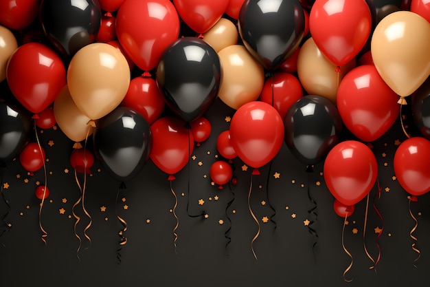 Festive background wallpaper with red black and gold balloons on black background generated AI