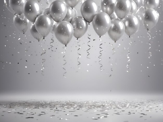 Festive background with balloons falling confetti blurred background