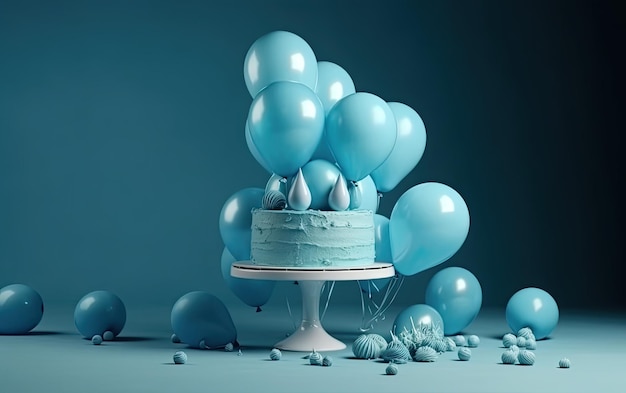 Festive background with blue balloons and birthday cake with candles