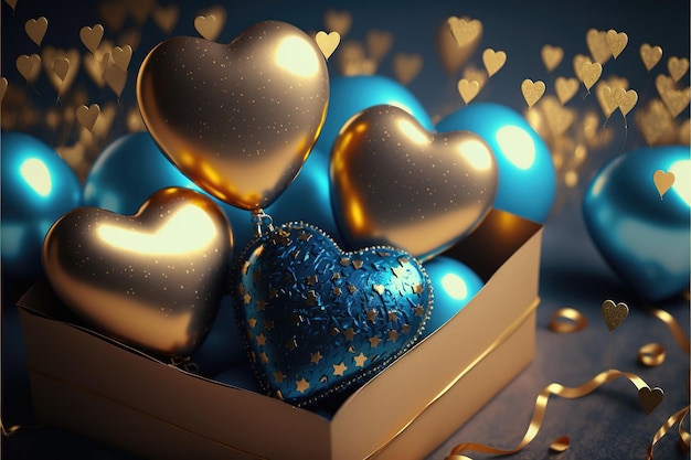 Праздничный фон с голубыми золотыми шарами и подарками на Новый год, День святого Валентина или любой другой праздник, сгенерированный AI