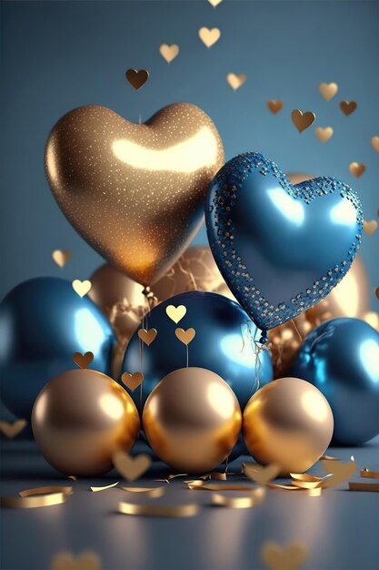 Festive background with blue gold balloons and gifts for New Year or Valentine's Day or any other holiday Ai generated