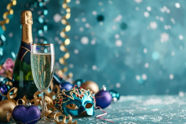 Photo festive background with confetti champagne and mask