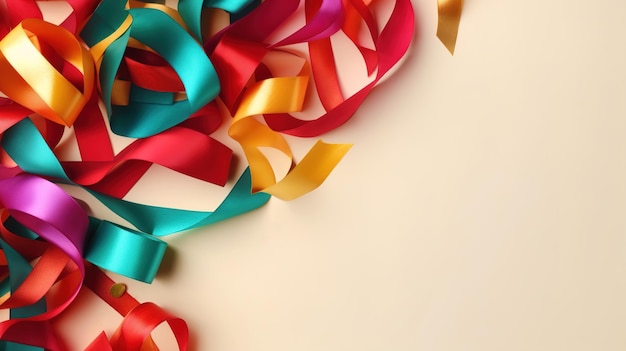 Festive background with copy space Top view multicolored decorative ribbons on light beige background with empty space for text Generative AI