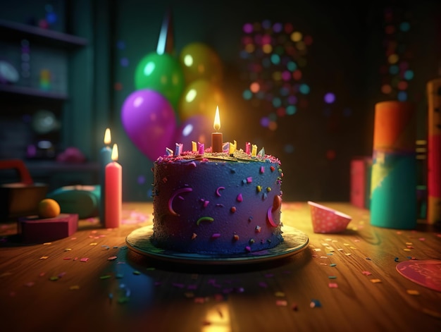 Festive background with delicious cake with burning candles Birthday celebrations Generative AI