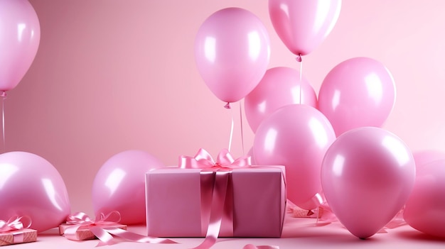 Festive background with helium balloons gift box