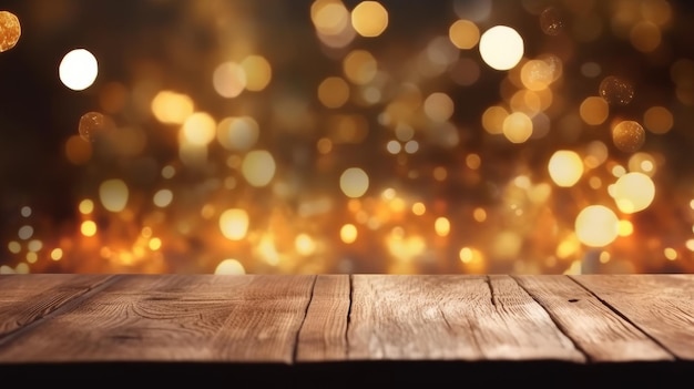 Festive background with light spots and bokeh in front of a empty wooden table AI generated