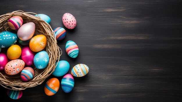 Festive background with space for text Easter eggs top view in a wicker nest on a dark wooden table