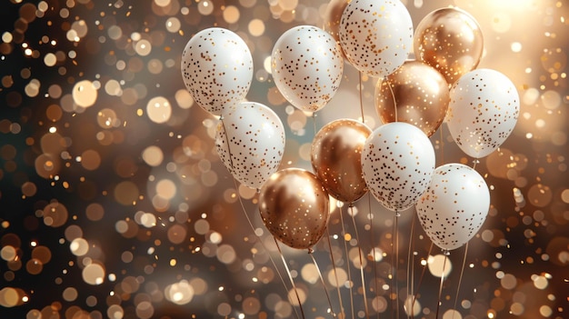 Festive background with white and golden balloons