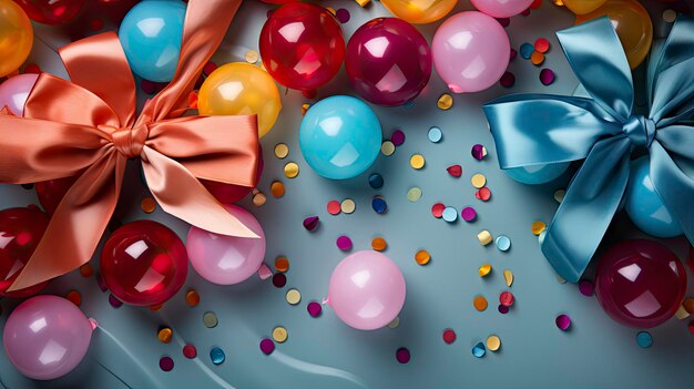 Festive balloons with vibrant ribbons and confetti on a textured background