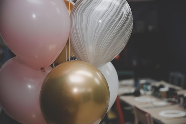 Festive balls in a room decorated for the holiday birthday