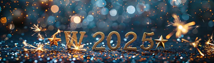 Photo festive banner with golden 2025 numbers and sparkles for new years eve celebration