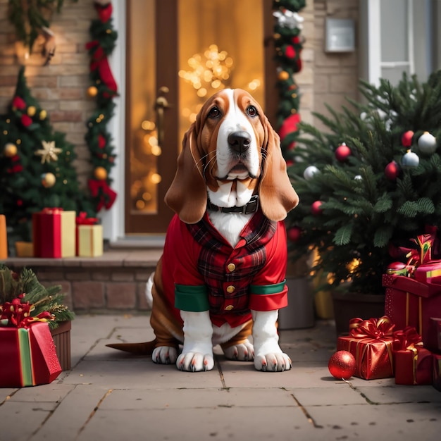 Festive Basset Hound Christmas Costume in Winter Wonderland