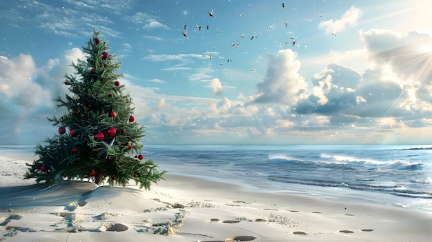 Photo festive beach christmas tree with ocean backdrop