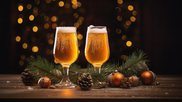 Photo festive beer glasses amidst christmas decoration