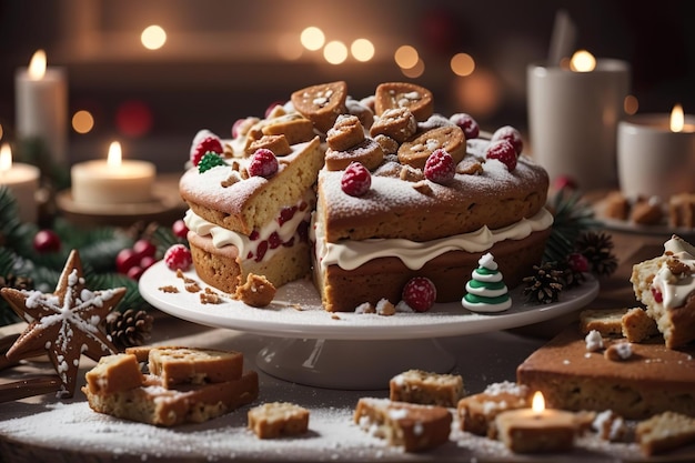 Фото Праздничный большой торт на рождество с кремовой начинкой и украшенным цветной глазурой