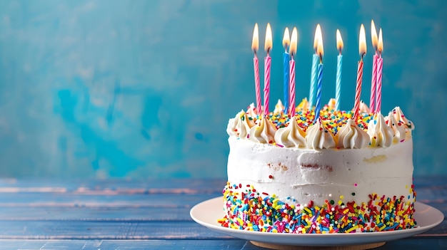 나무 테이블 위 에 반이는 불 을 든 축제 의 생일 케이크