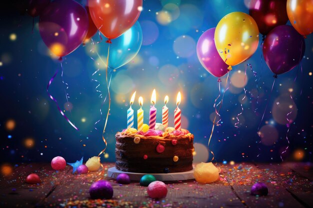 Foto una torta di compleanno festiva con candele accese circondate da palloncini colorati pronti a portare gioia e celebrazione felice torta di anniversario candele palloncini confetti sfondo astratto ai generato