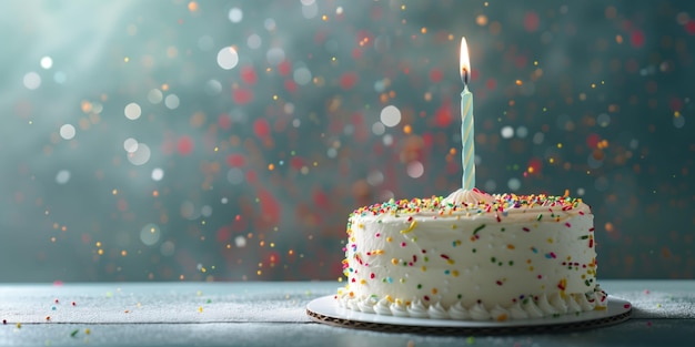 festive birthday cake with one lit candle and colorful sprinkles on a bokeh background