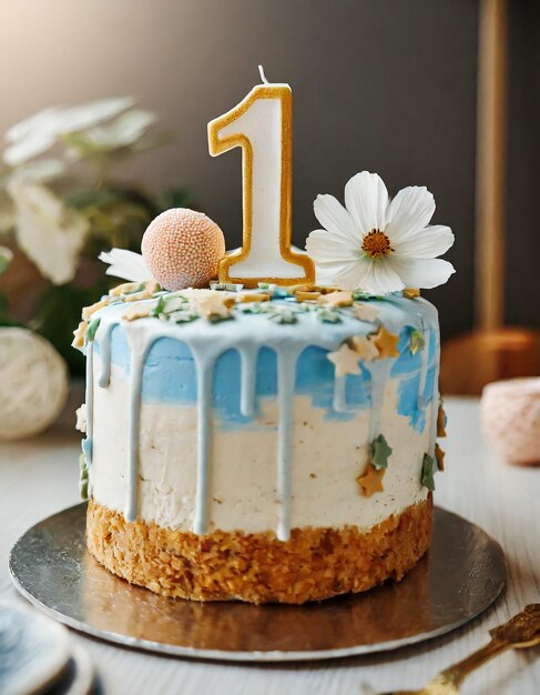 Festive birthday cream cake oneyearold child number 1 year anniversary celebration Sweet food