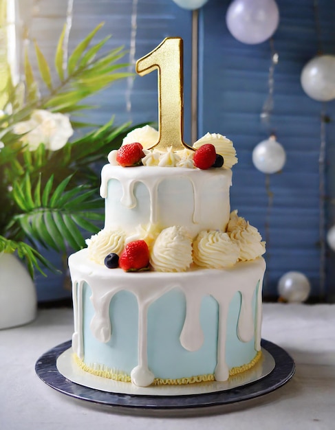 Festive birthday cream cake oneyearold child number 1 year anniversary celebration Sweet food