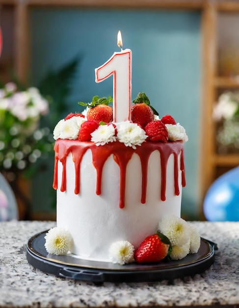 Foto torta di crema di compleanno festiva bambino di un anno numero 1 celebrazione dell'anniversario di un anno cibi dolci