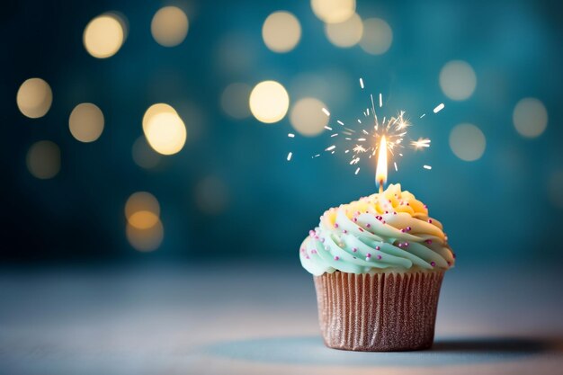 Un cupcake di compleanno festivo con una singola candela accesa si trova sopra un piatto impostato sullo sfondo di shim.