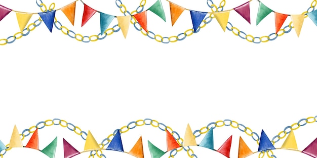 Photo festive birthday holiday flags and paper garlands banner watercolor illustration of colorful flags