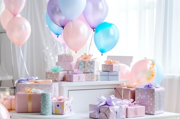 Festive birthday party decorations on table with cake present boxes and balloons on pastel color