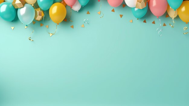 Праздничная установка дня рождения с воздушными шарами и подарками на цветном фоне