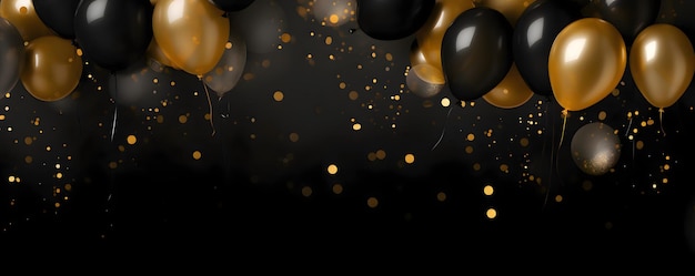 Festive black and gold balloons on a black background banner celebration theme