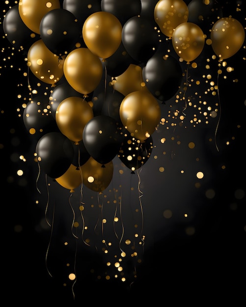 Foto festivi palloncini neri e dorati e confetti su uno sfondo nero tema di celebrazione