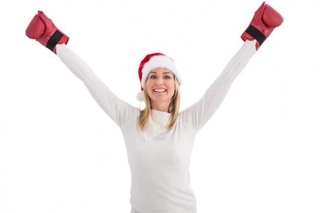 Festive blonde in boxing gloves 