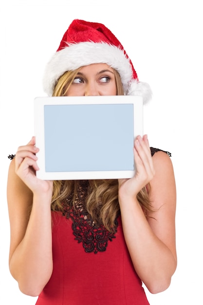 Festive blonde showing a tablet