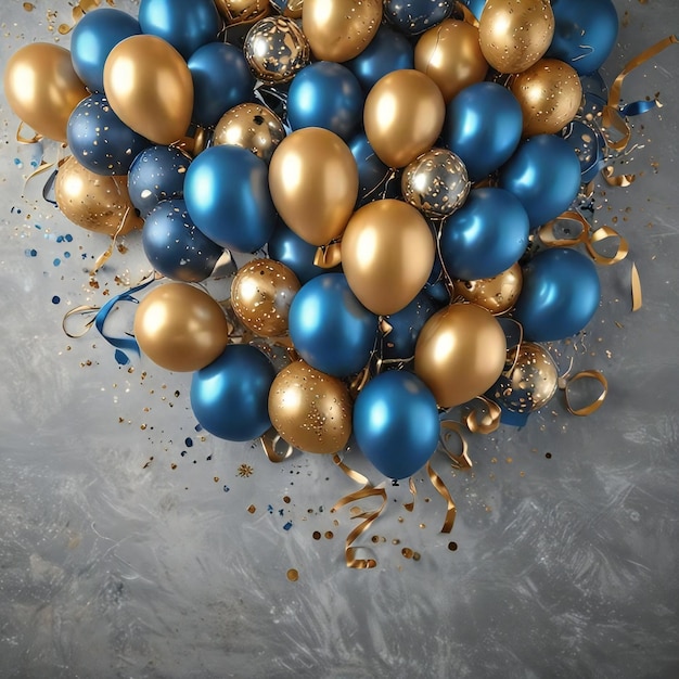 Фото Праздничные голубые и золотые воздушные шары с сверкающими конфетами для празднования