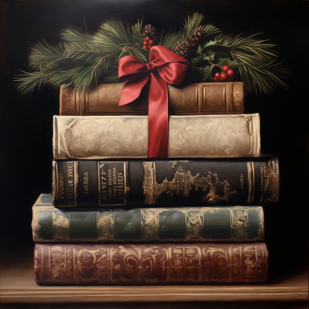 Festive Books Topped with Pine AI Generated photo