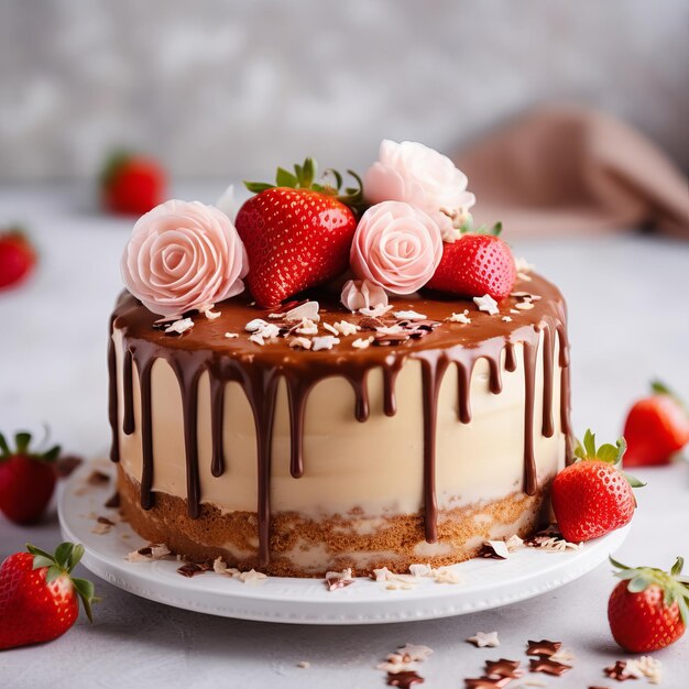 Torta luminosa festiva con decorazione di fiori e bacche sul tavolo su uno sfondo grigio chiaro