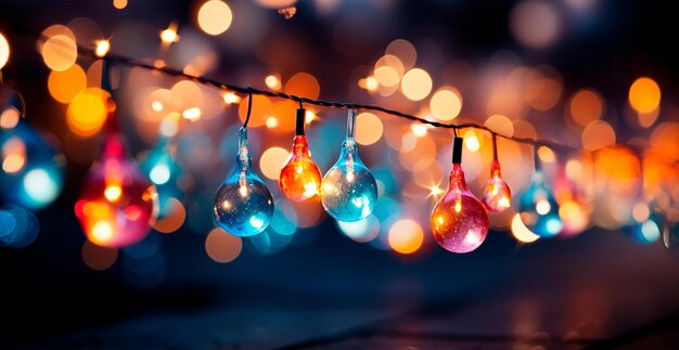 Photo festive bright colored christmas garland on blurred bokeh background new year banner ai generated image