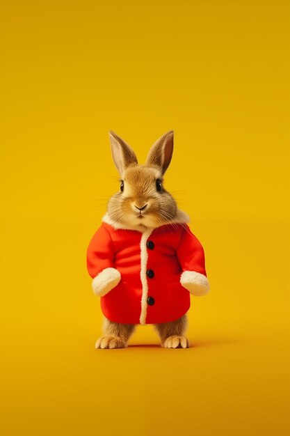 Festive bunny in red winter jacket on yellow backdrop