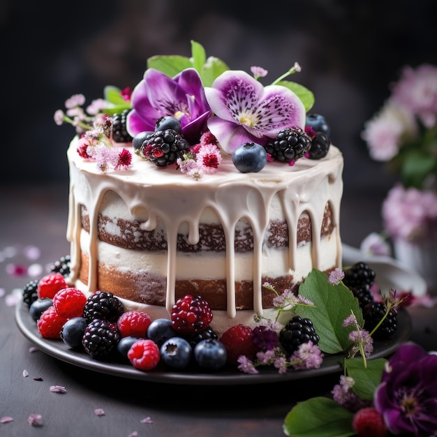 Festive cake with berries and flowers ai generated