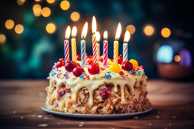 Photo festive cake with candles awaits the joy of a birthday celebration