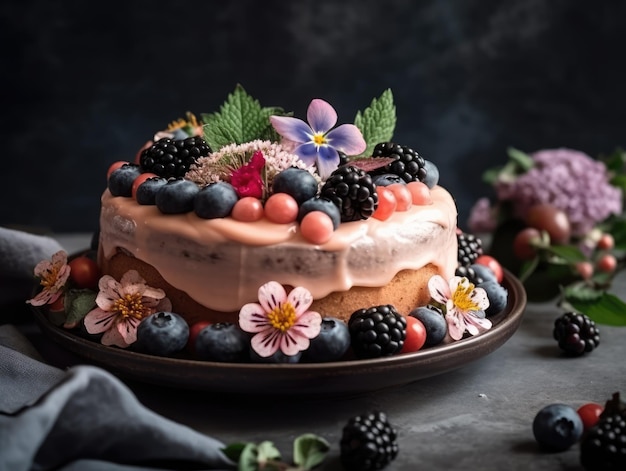 딸기 생성 인공 지능이 있는 밝은 분홍색 프로스팅이 있는 축제 케이크
