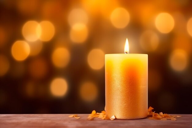 Festive candle on the table with bokeh lights on background Merry Christmas happy New Year concept