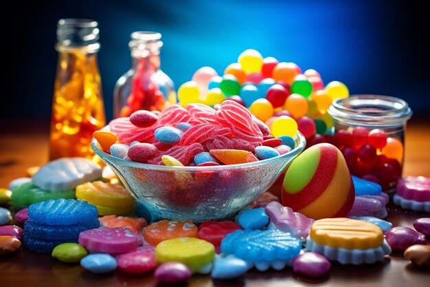 Festive candy display with lollipops and gummies