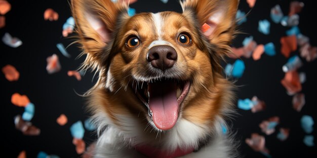 Festive Canine Delight Joyful Dog Wearing a Bright Birthday Hat with Lolling Tongue