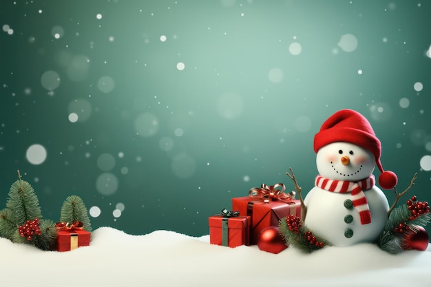 写真 お祝いのキャンバスのクリスマスの背景に雪だるま、挨拶用の空白スペース