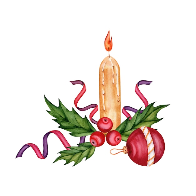 Foto disegno di biglietto festivo ramo di candela con bacche rosse illustrazione di palla di natale e nastri