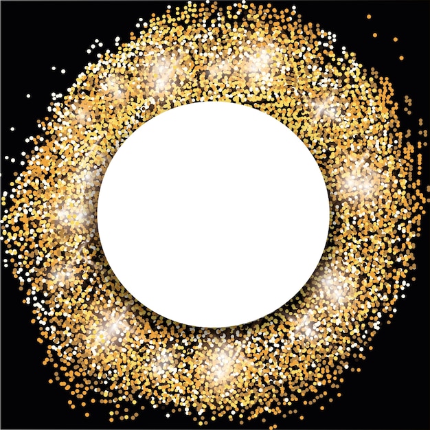 Фото Праздничная открытка с золотыми блестками и блестками на черном фоне, белый круг для текста. новогоднее содержание.