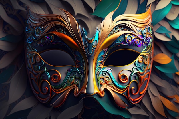 Festive carnival mask with rich decoration attributes of the Brazilian carnival Venetian carnival mask and beads decoration Mardi gras background Generative AI