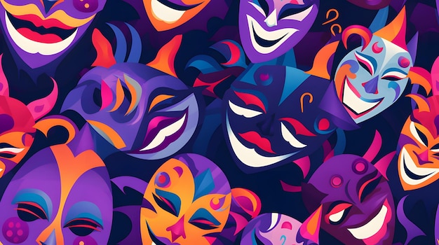 festive carnival masks pattern with a purple background